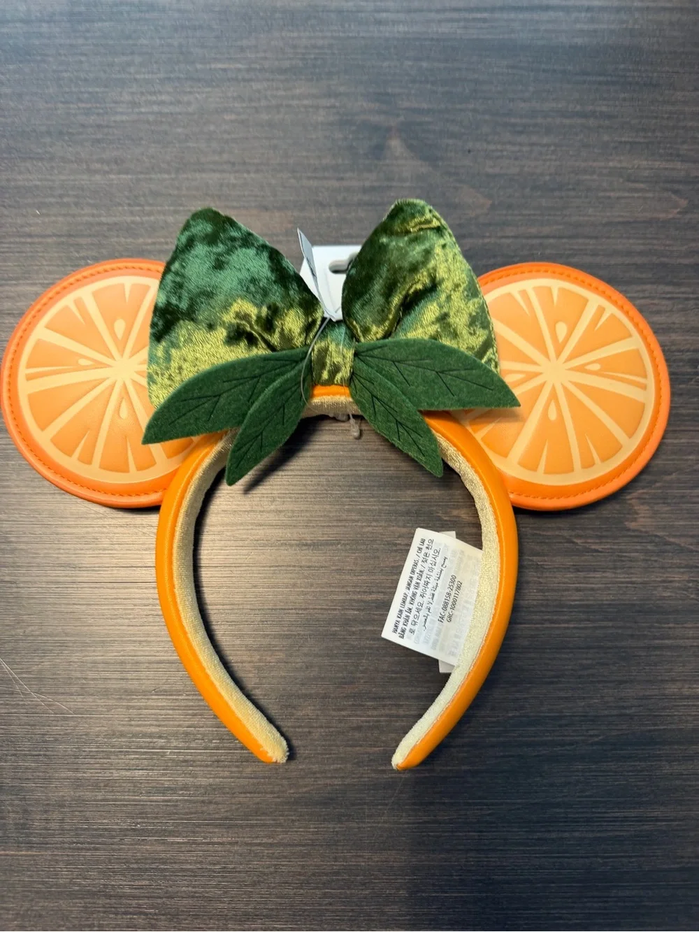 Disney Orange Slice Minnie Ear Headband with Green Velvet Bow - NWT - Picture 1 of 4